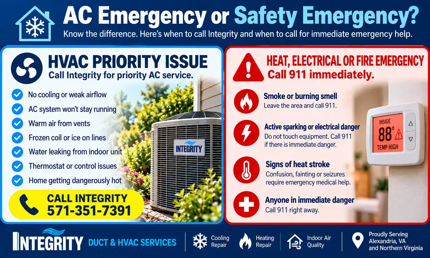 AC emergency versus safety emergency guide for Alexandria VA homeowners. Emergency Air Conditioning Repair in Alexandria VA - infographic