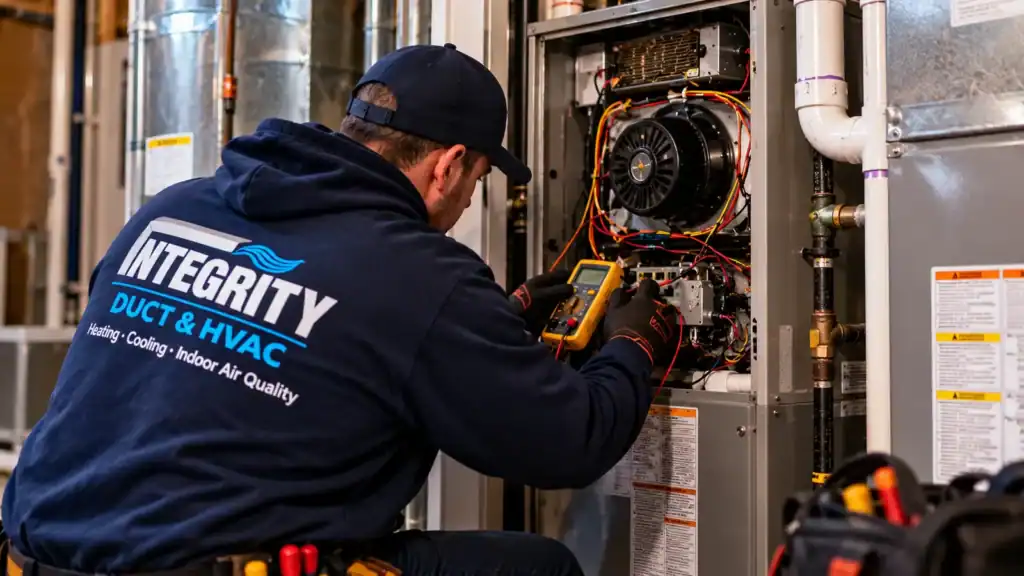 Technician diagnosing a furnace heating problem in Alexandria VA