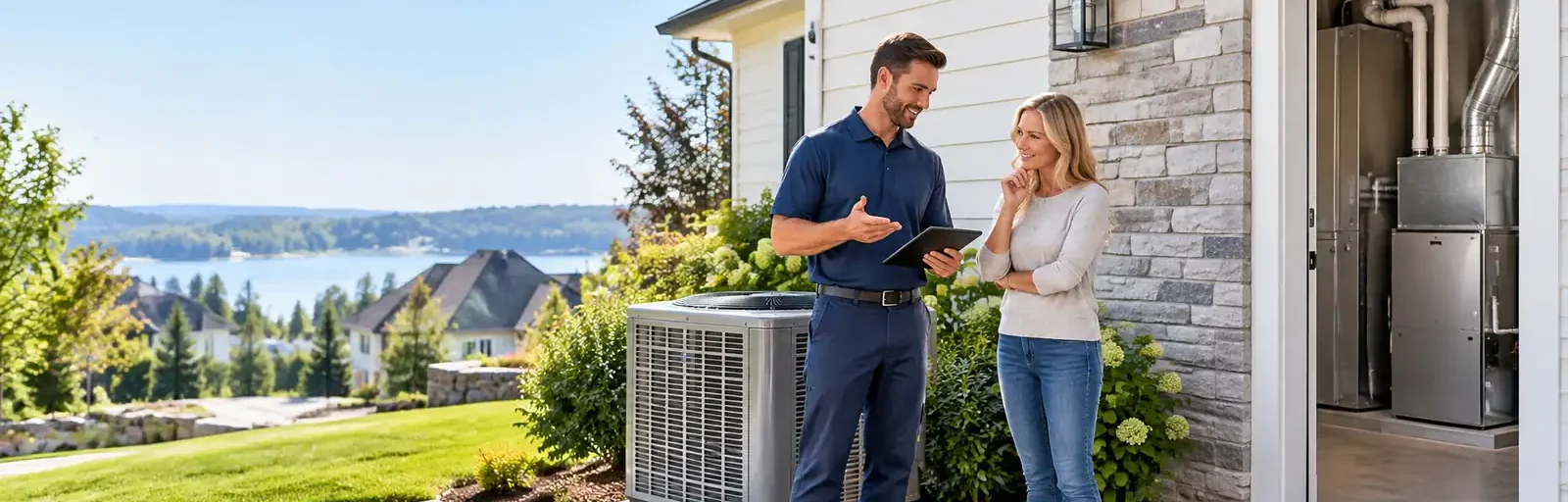 HVAC professional discussing replacement options with a homeowner beside residential heating and cooling equipment