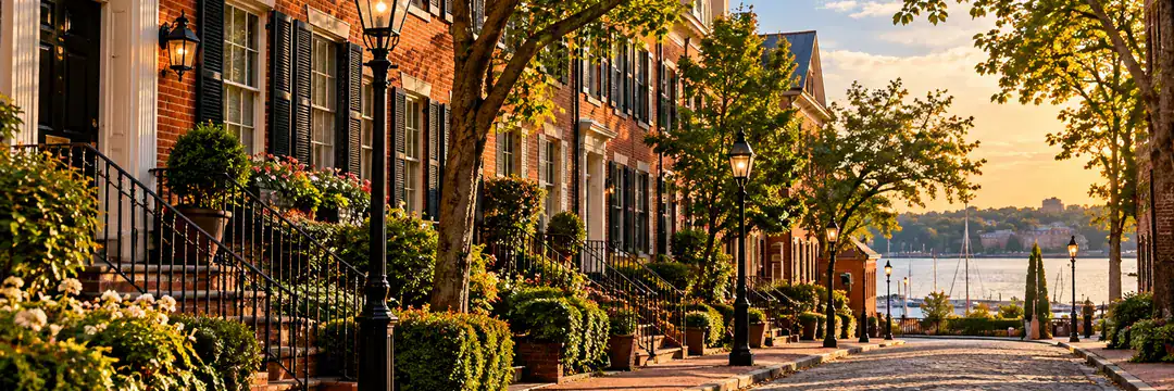 Illustrative Alexandria rowhouses and waterfront streetscape