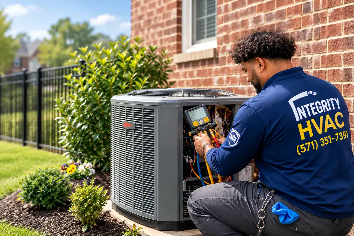 HVAC technician in Integrity-branded uniform inspecting outdoor air conditioning equipment