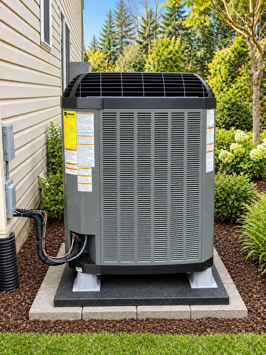Digitally reconstructed image of a Trane outdoor unit at a Kingstowne dual-fuel HVAC project