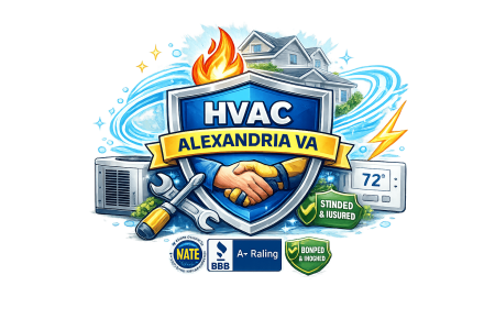 HVAC contractor Alexandria VA trusted service illustration with home heating cooling system tools and technician handshake